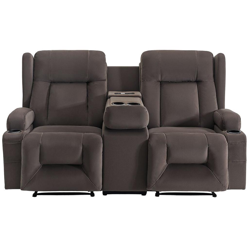 Loveseat Recliner Sofa, Power Reclining Couch with Heating & Massage, Suede Electric Recliner Sofa with Center Console, USB Ports, Cup Holders & Side