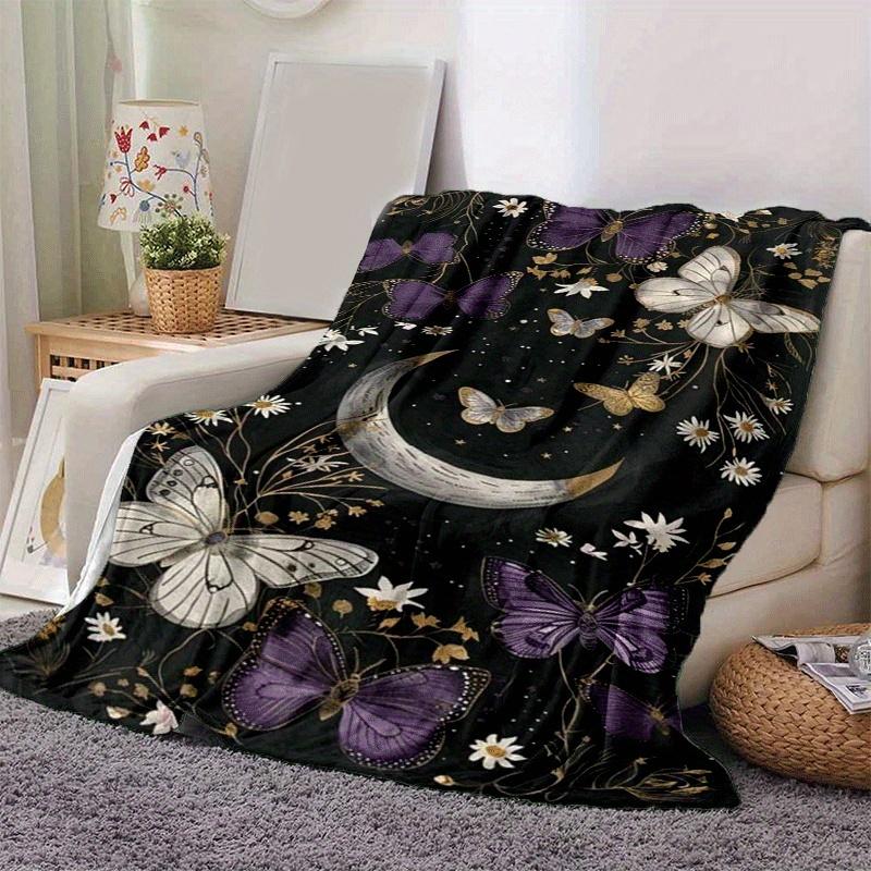 1pc Moon Butterfly Printing Lightweight Flannel Blanket, Comfortable and Warm Blanket, for Camping Sofa Bed and Couch Office, Gift