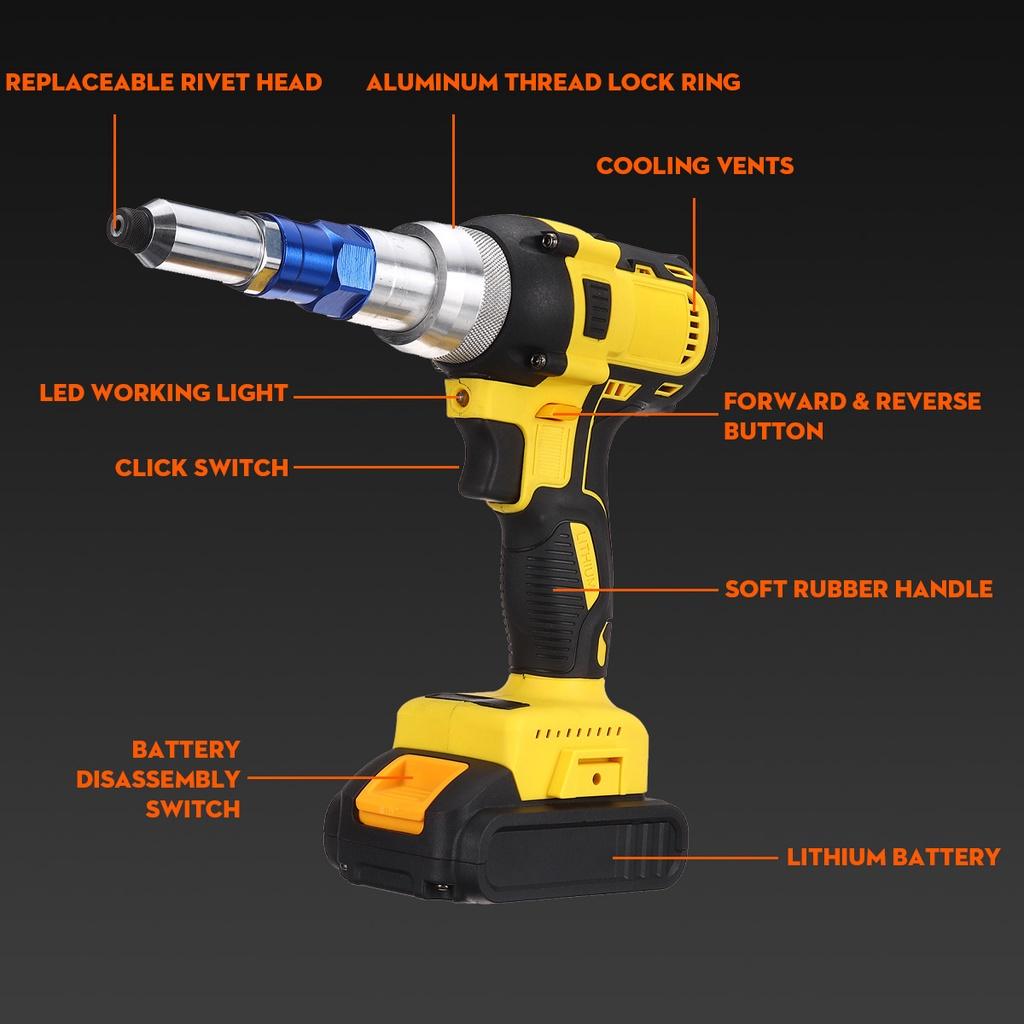 2.4-4.8mm Cordless Electric Rivet Nut Drill Insert Nut Pull Riveting Tool  With LED Light Battery 18V