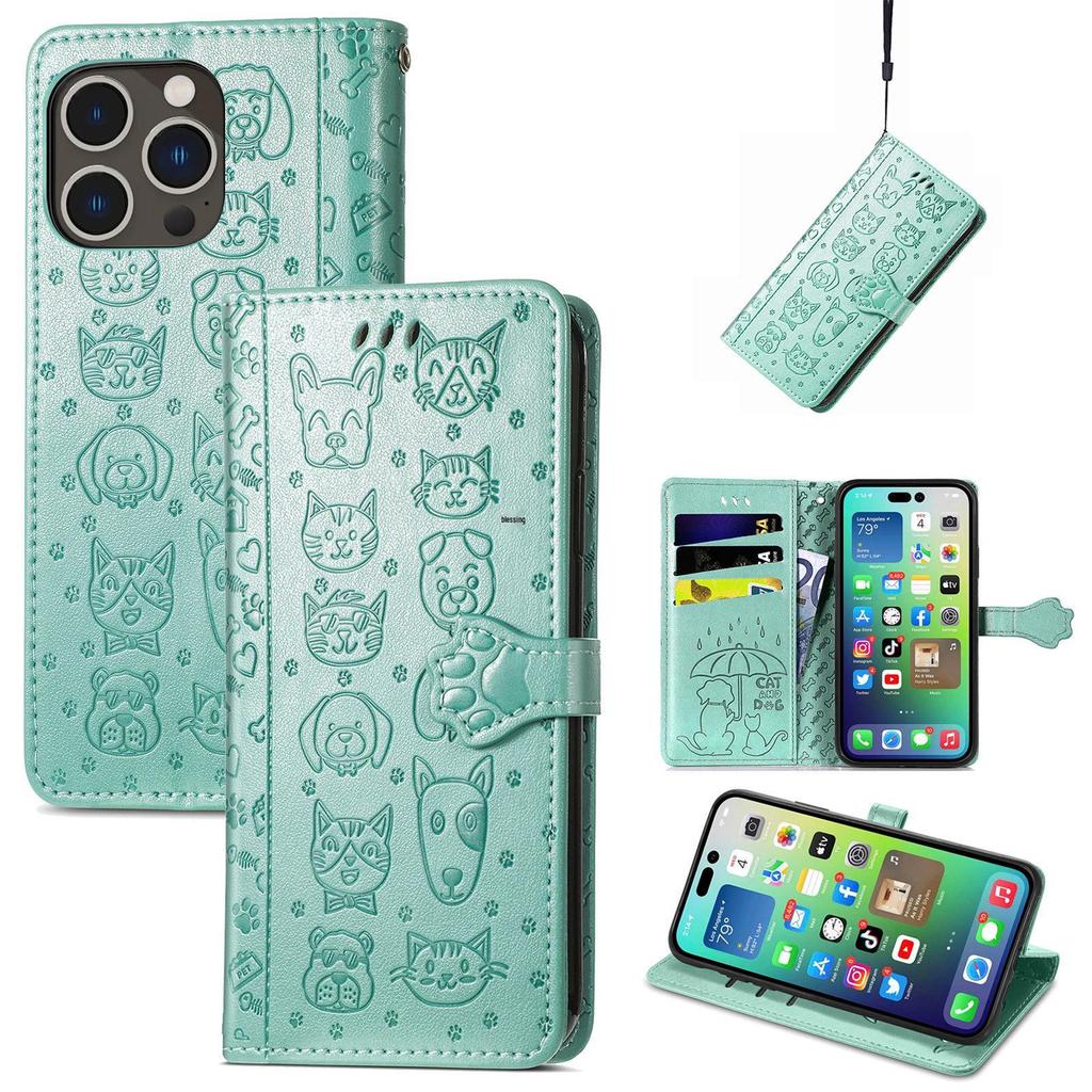 iPhone 16 Flip Leather Case - PU Embossed Cat Dog Design - Compatible with Apple 15