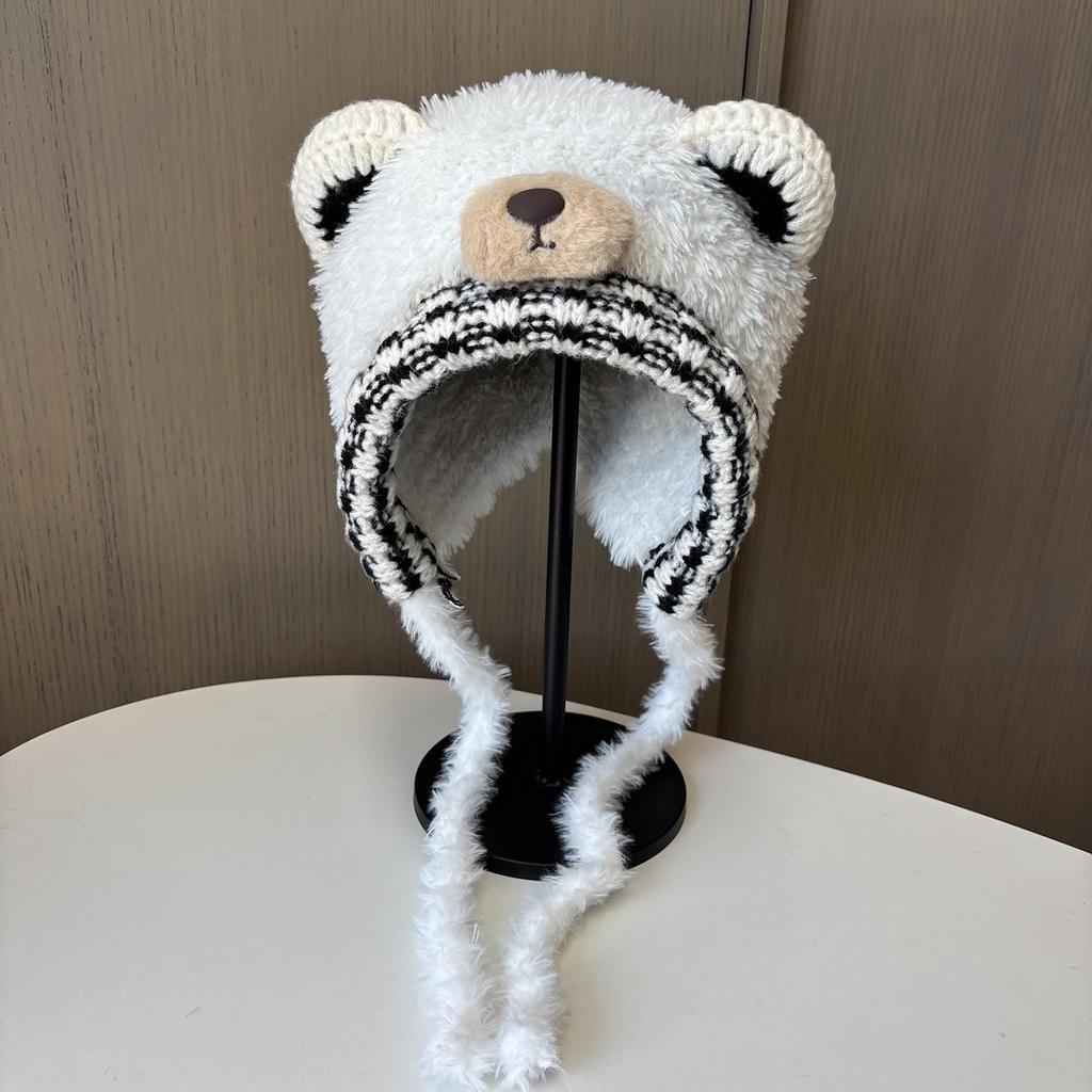 New soft waxy ear hat outdoor plush thickened warm bag hat women's cute bear ears knitted hat