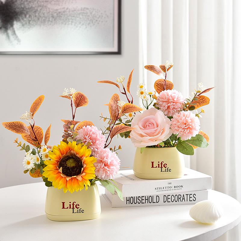 Sunflower Artificial Flower Arrangement - Small Potted Plants & Plastic Bouquets for Living Room and Dining Table Decor