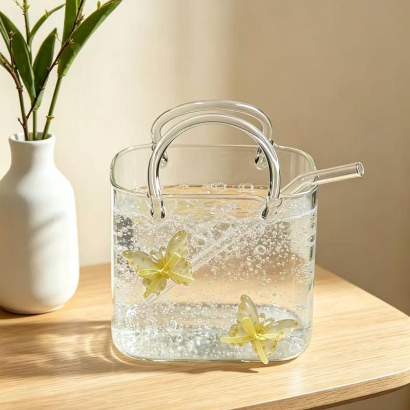 Bolso Portátil con Taza de Vidrio, Vasos Creativos para Cócteles, Vasos Divertidos para Vino de Frutas, Bolso de Estilo Ins con Vaso y Pajita, Herramientas de Bar