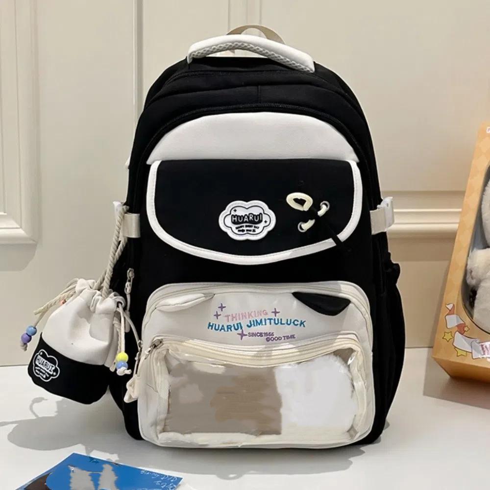 

Large Capacity Girls Backpacks Transparent Pocket Cartoon School Bags Multiple Pockets Color Matching Shoulders Bag Teenagers