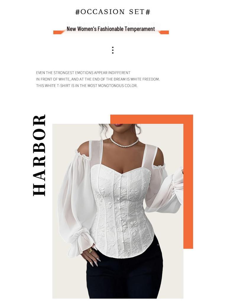 Women's Elegant Off-the-Shoulder Floral Jacquard Shirt - Square Neck, Long Sleeve, Slim Fit