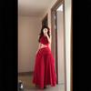 French Red Sleeveless Vacation Wind Slanted Shoulder Dress Women's Summer Design Long Dress Vacation Wind Skirt Spot