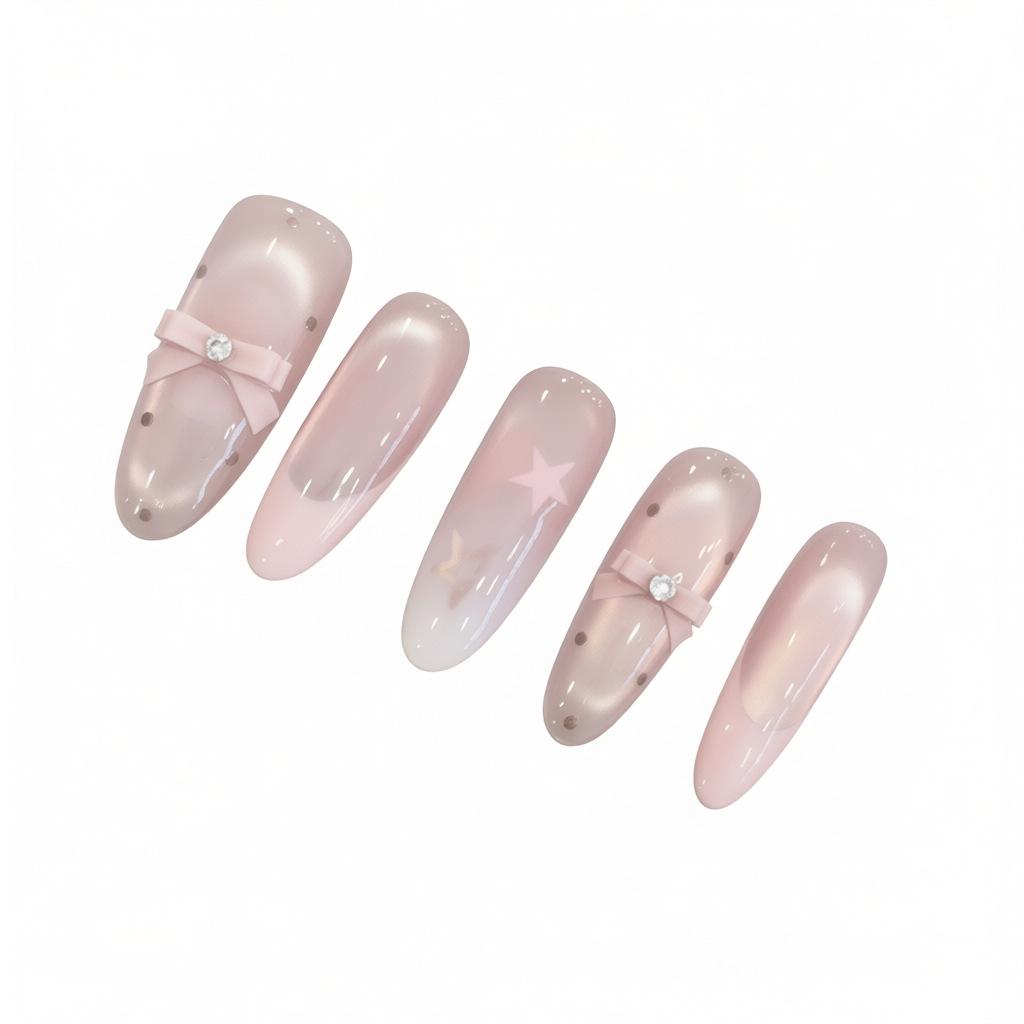 Gentle Nude Pink Cat Eye Press-On Nails with Glass Beads, Luxury Bows, Stars & Polka Dots