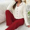 Womens Long Sleeve Pajama Set With V-Neck Top Full-Length Pants Soft Stretch Cotton-Like Fabric Comfort Sleepwear Home