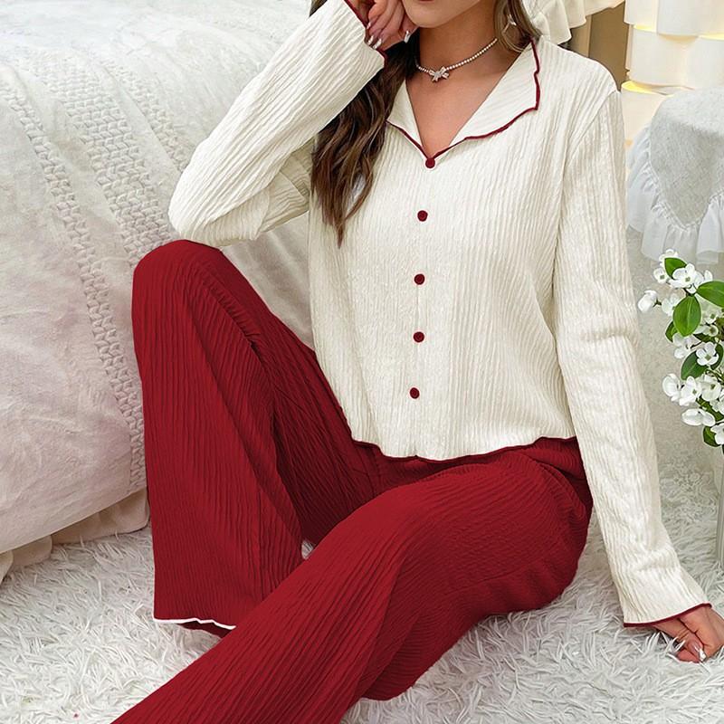 Womens Long Sleeve Pajama Set With V-Neck Top Full-Length Pants Soft Stretch Cotton-Like Fabric Comfort Sleepwear Home