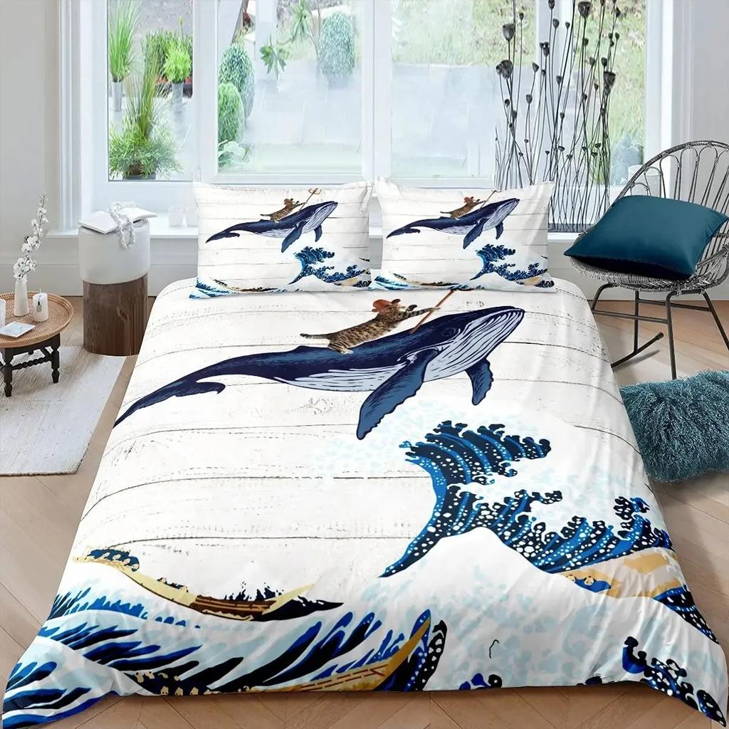 Funny Pirate Cat Duvet Cover Set Cat Riding Whale Japanese-Style Sea Wave Bedding Sets Stripe Lines Comforter Cover Full Queen