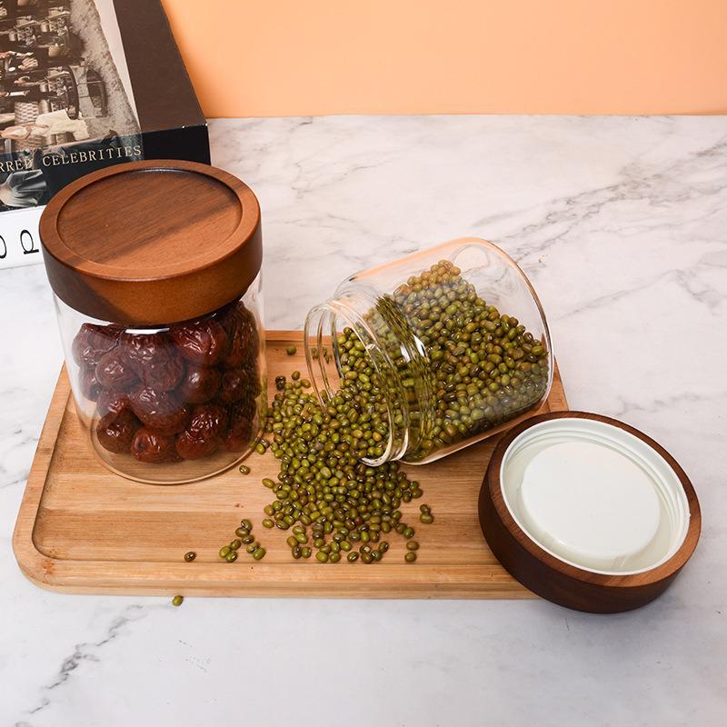 Acacia Wood Lid Glass Storage Jar - Moisture-Proof, Transparent, High-Quality Borosilicate for Tea & More