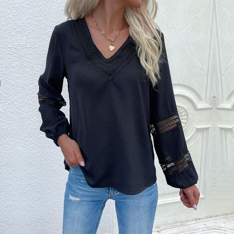 Women's Spring and Autumn Long Sleeved Shirt with Patchwork Lace Pullover, Women's V-neck Hollow Out Shirt