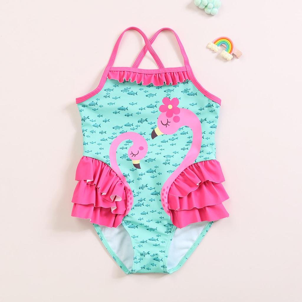 Flamingo Ruffle One-Piece Swimsuit for Girls: Cute, Comfortable, High-Elastic, High-Quality