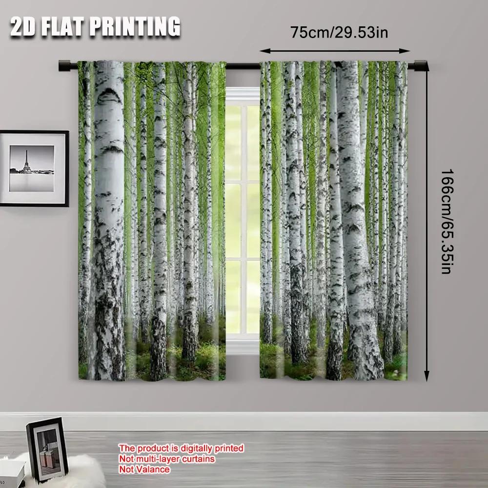 2pcs 2D flat printing Curtain Birch Trees Forest Durable 100% Polyester Fabric  Without Electricity Spring Party & Holiday Decor