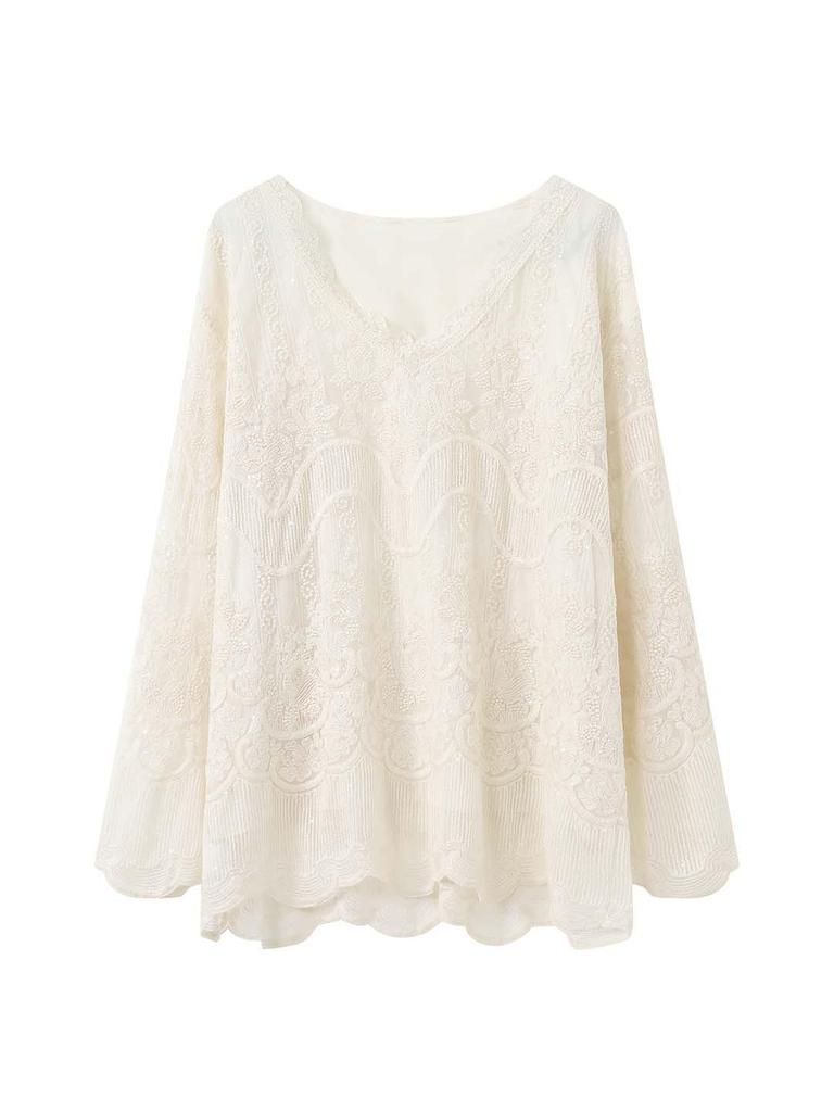 Elegant 3D Embroidered Lace V-Neck Double-Layer See-Through Top for Women