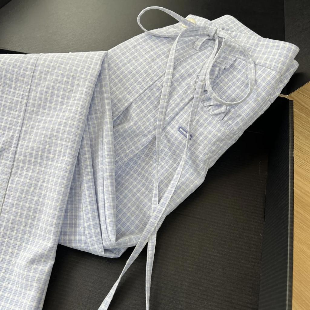 Damskor Vår/Sommar Långsam Stil Blå Rutig Volang Hög Midja Lös Vida Ben Golvlånga Byxor