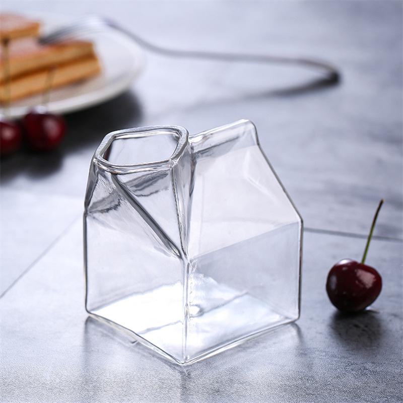 300ml Creative Transparent Milk Box Cup Milk Box Shape Glass Cups Bottle for Juice Cute CoffeeCupTea Drinkware Students Drink 301-400ml