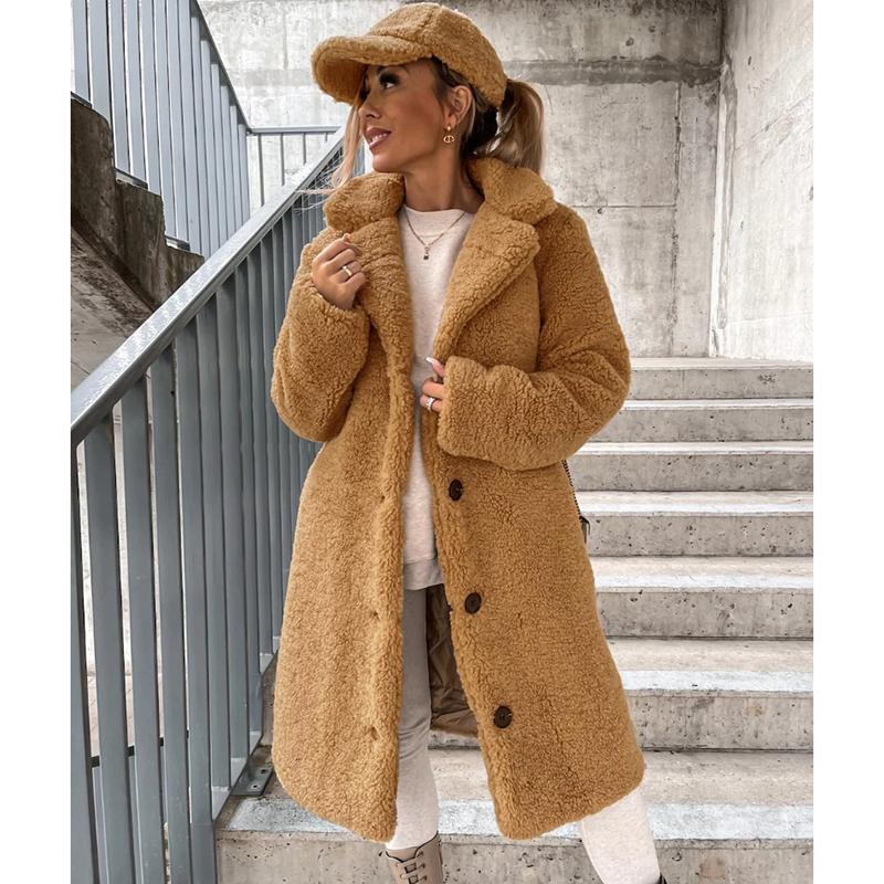 Toamnă și iarnă groasă cu mânecă lungă cu revere jachetă damă plus size fleece din pluș paltoane lungi calde femei lejer casual jachete solide pentru femei 24959