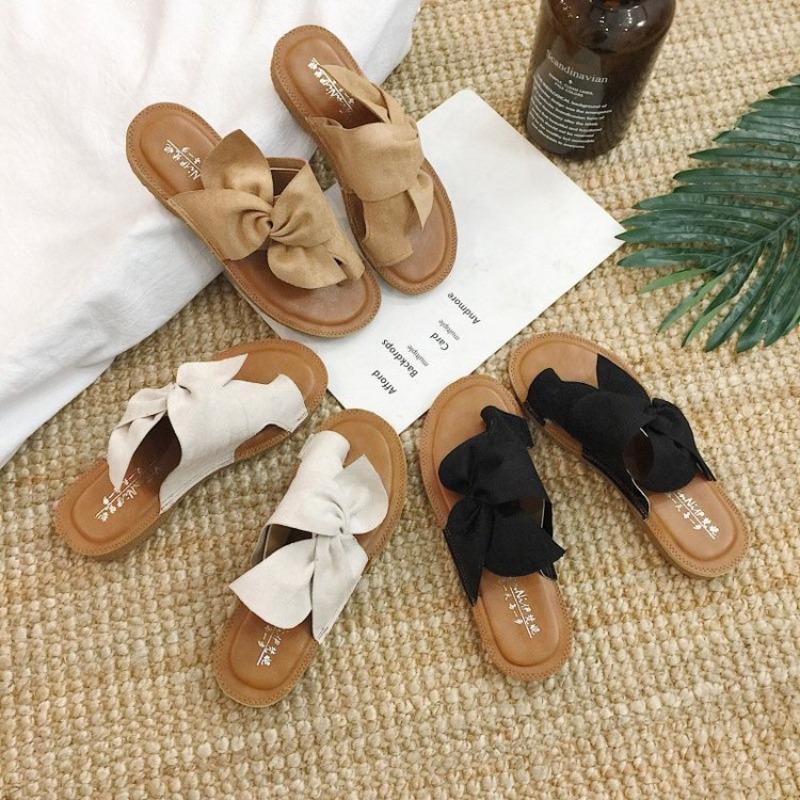 20 spring and summer new bow flat bottom suede cover toe women's shoes fashion large size slippers women