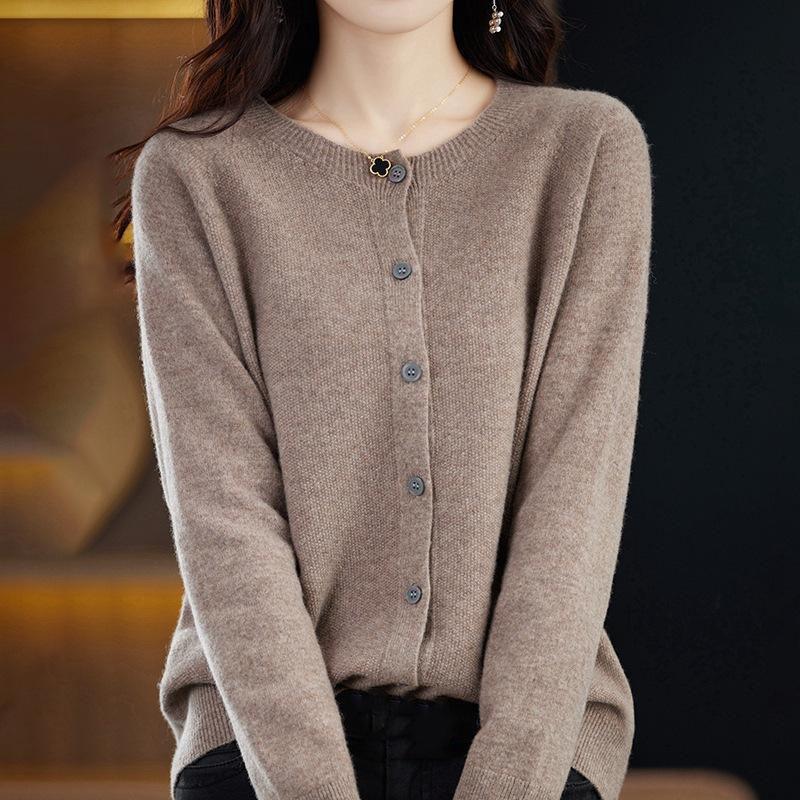 Long Sleeve Merino Woolen Sweaters Cashmere Cardigan Spring Autumn Women O-Neck Knitwear Tops Clothing Fashion Basic Tops