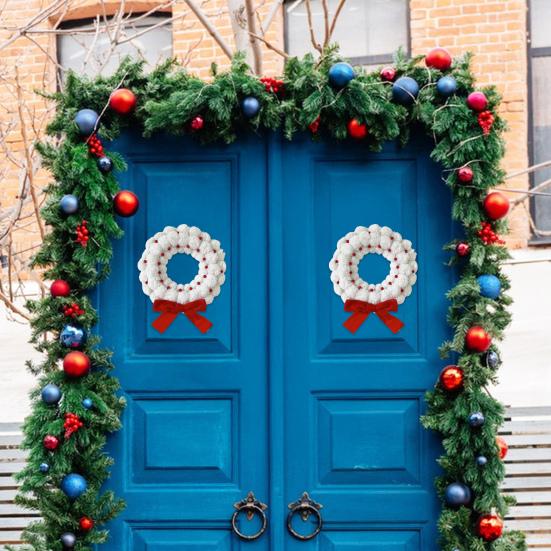 Plush Christmas Wreath White Fuzzy Pom Pom Ball Wreath with Red Bow And Berries for Home Window Fireplace Wall Door Holiday Decor