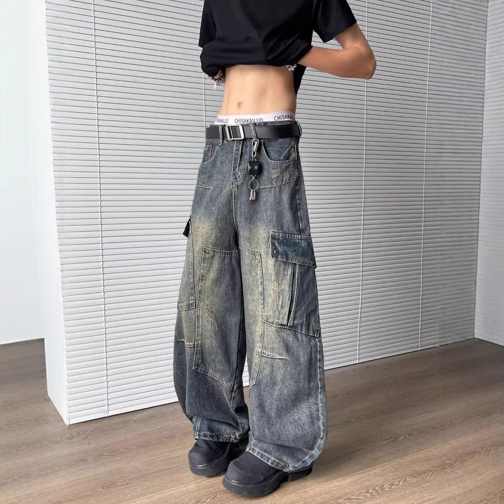 JYL Mens Jeans Autumn New Loose Straight American High Street Drooping Denim Pants