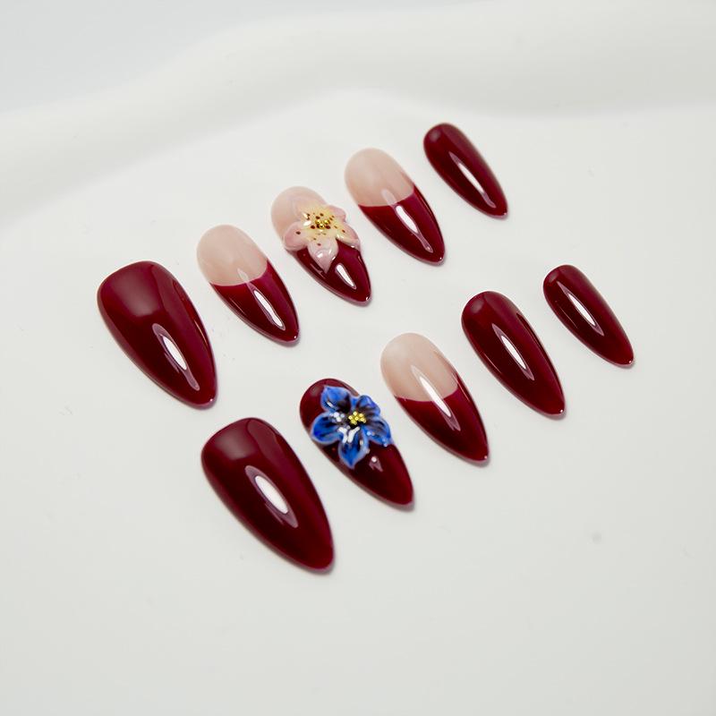 Wine Red 3D Floral Almond Blue False Nails