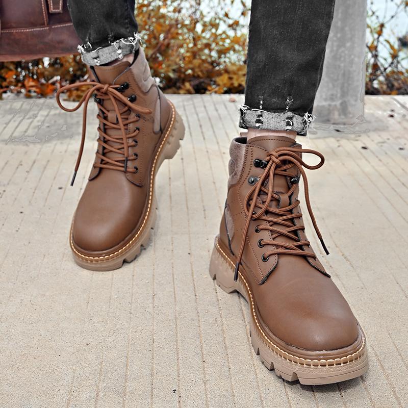 Męskie Botki Skórzane Sznurowane Botki Jesienne do Kostki Buty Męskie Platforma Antypoślizgowe Outdoorowe Buty Robocze Buty Motocyklowe