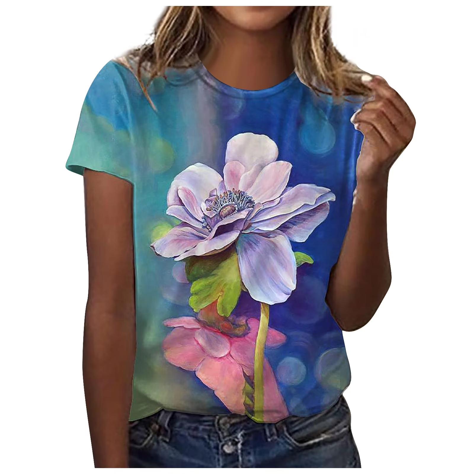 3D Digital Oil Painting Gradient Floral T-shirt Round Neck Loose Short Sleeved Top for Women s Spring and Summer Styles 5XL