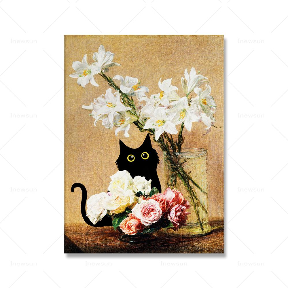 

Henri Fantin Розы и лилии Кошка Печать Черный Кот Плакат Цветочный Забавный Кот Подарок Холст Картина Настенное Искусство Домашний Декор Картины 21x30cm No Framed