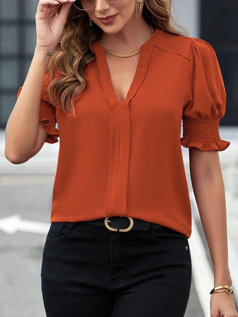 Women's Summer V-Neck Puff Sleeve Solid Color Top