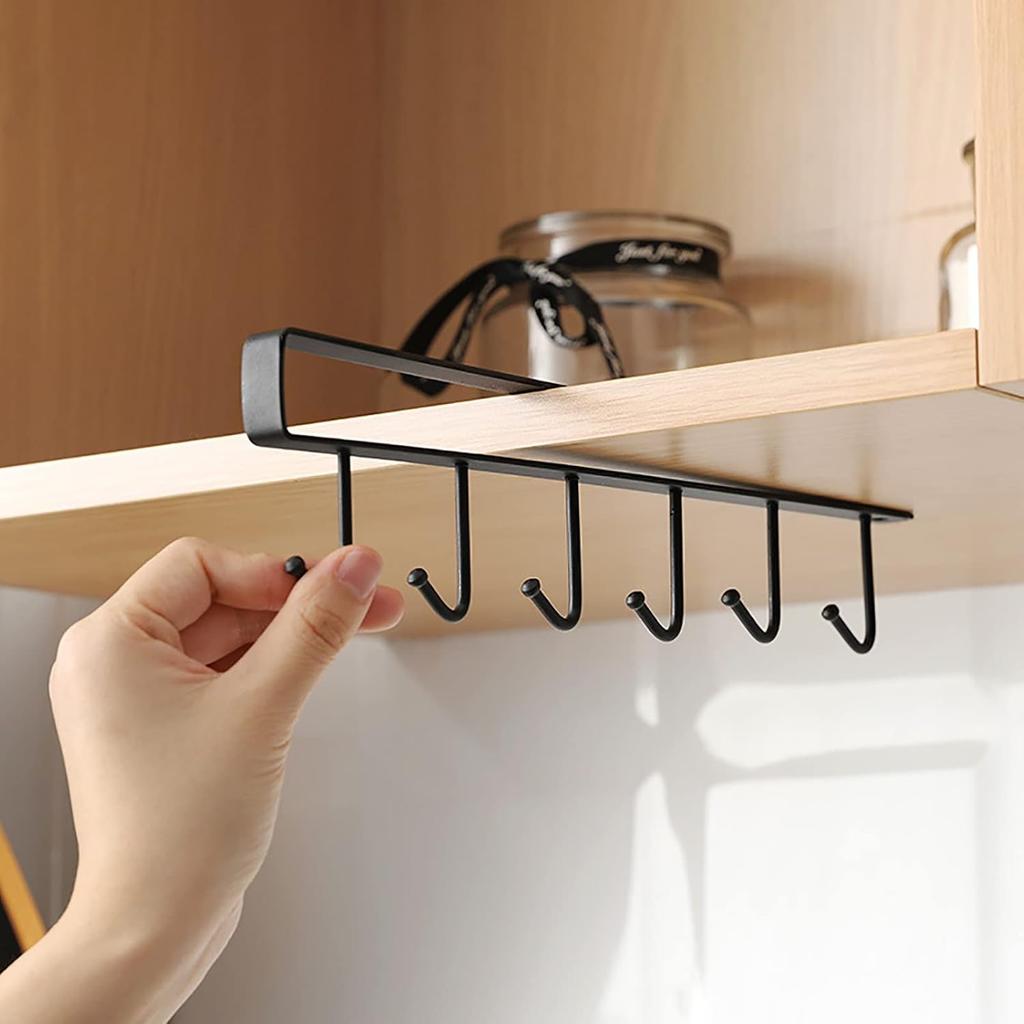 1 Pack Hanging Hooks Rack Under Cupboard Cabinet Cup Holder 6 Hooks Drilling Free Coffee Mug Holder Kitchen Utensil Storage Organizer Hook Rack
