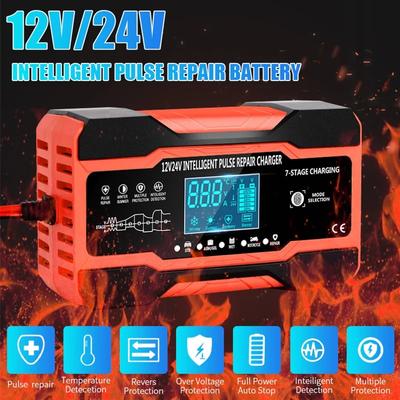 12 V 10 A/24 V 5 A Vollautomatisches Autobatterieladegerät, 7-stufiges intelligentes Schnellladepulsreparatur für AGM GEL WET Blei-Säure-LCD-Display