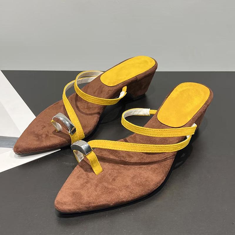 

Cowhide version~ retro pointed thick heel heightened one-word set of toe slippers women s summer new French wedge heel toe sandals 40