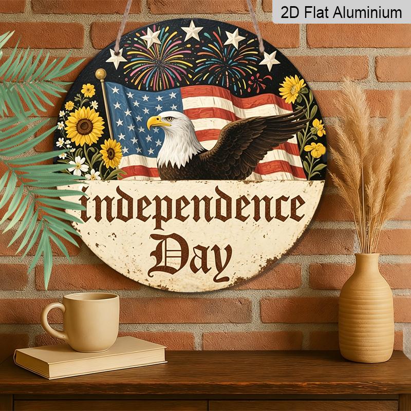 2D Flat, 1pc Round Decor, Vintage Patriotic American Flag, Eagle, Fireworks, Liberty, Aluminum Wall Decor for 4th of July, Home, Office, Porch