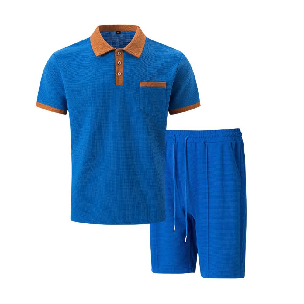 Men's Waffle Collar Color Blocked Short Sleeved Shorts Set