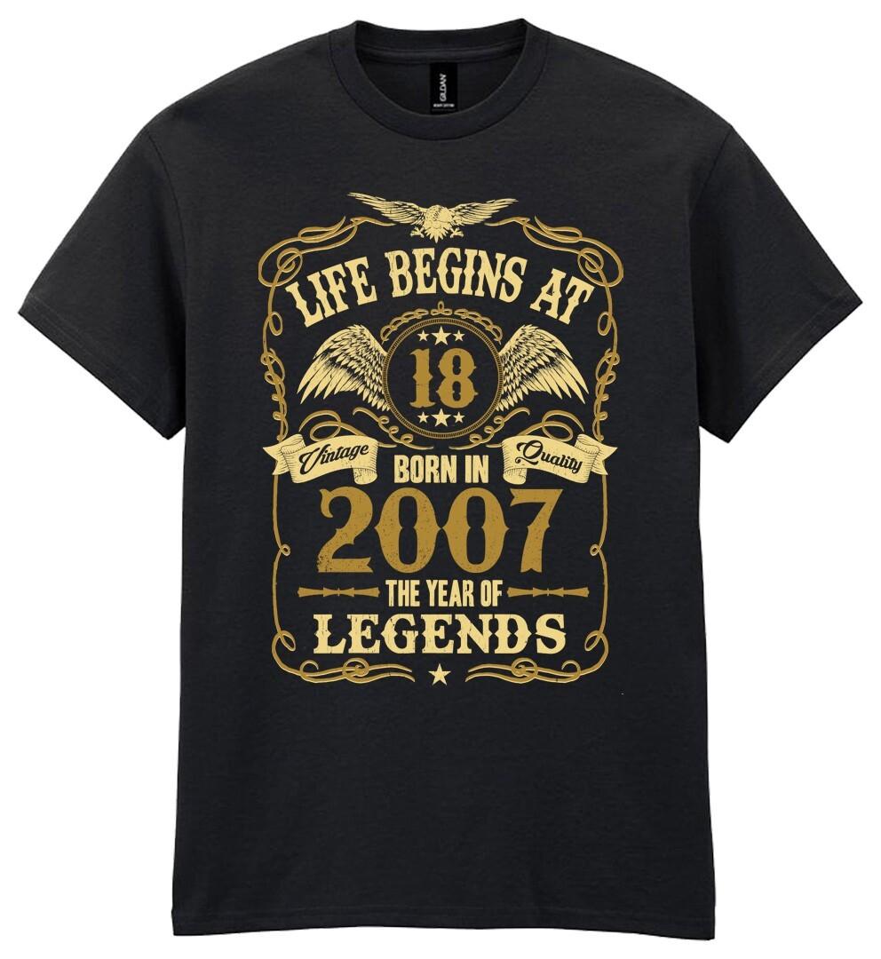 Life Begins at 18 Mens Birthday T-Shirt Born in 2007 Legends 18th Gift Gold Text S