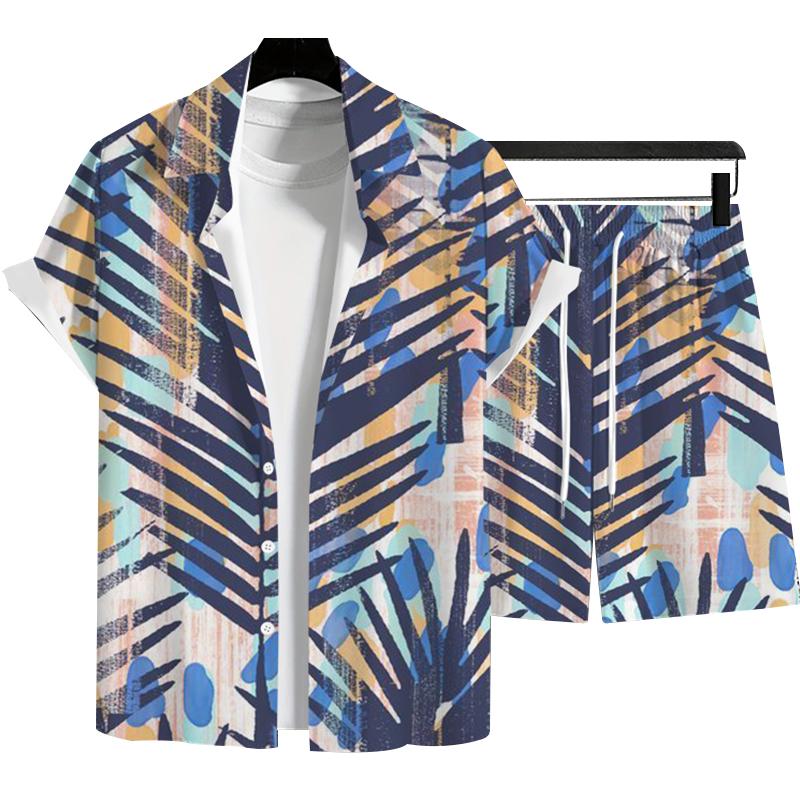 Modisches Herren Sommer Urlaubsstil Hawaiianische Kokosnuss Strand Aufdruck Lässiger Komfort Kurzarmhemd Strandshorts 2-teiliges Set