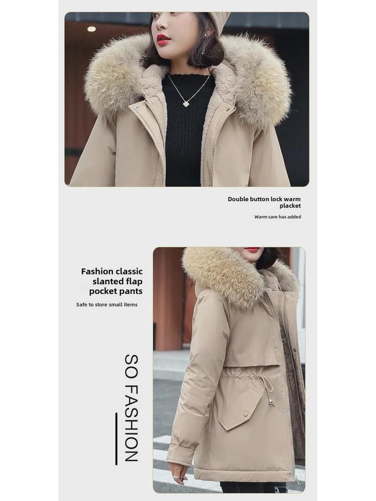 Women's Casual Mid-Length Korean Style Cotton Jacket with Fur Collar