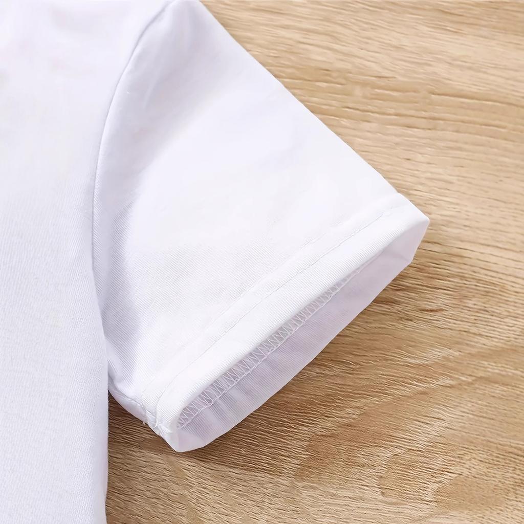 Girls' Casual Bow Tie Footprint Pattern T-shirt - Summer Children's Fashionable Short-sleeved T-shirt