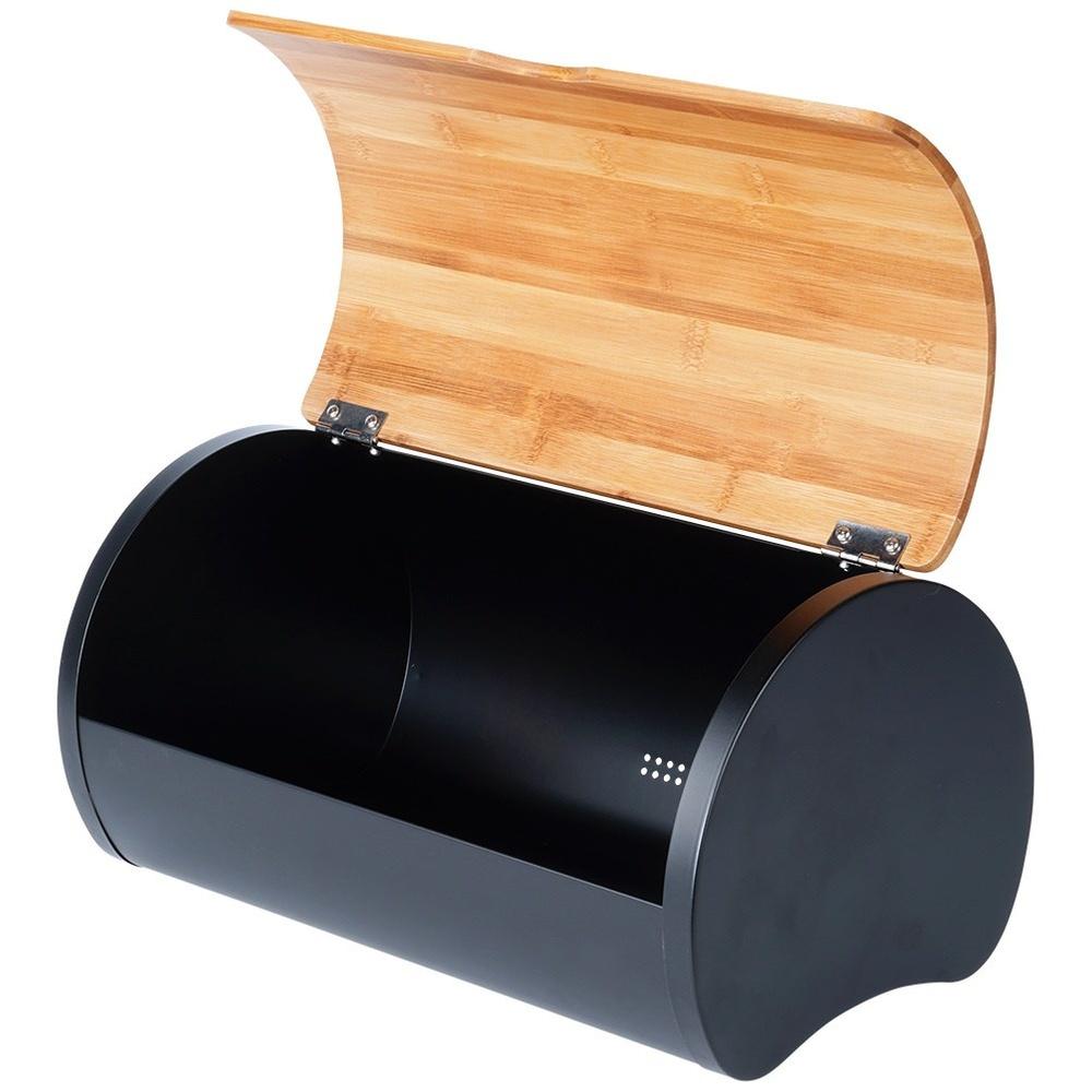 Black Metal Bamboo Bread Bin Kitchen Container for Bread