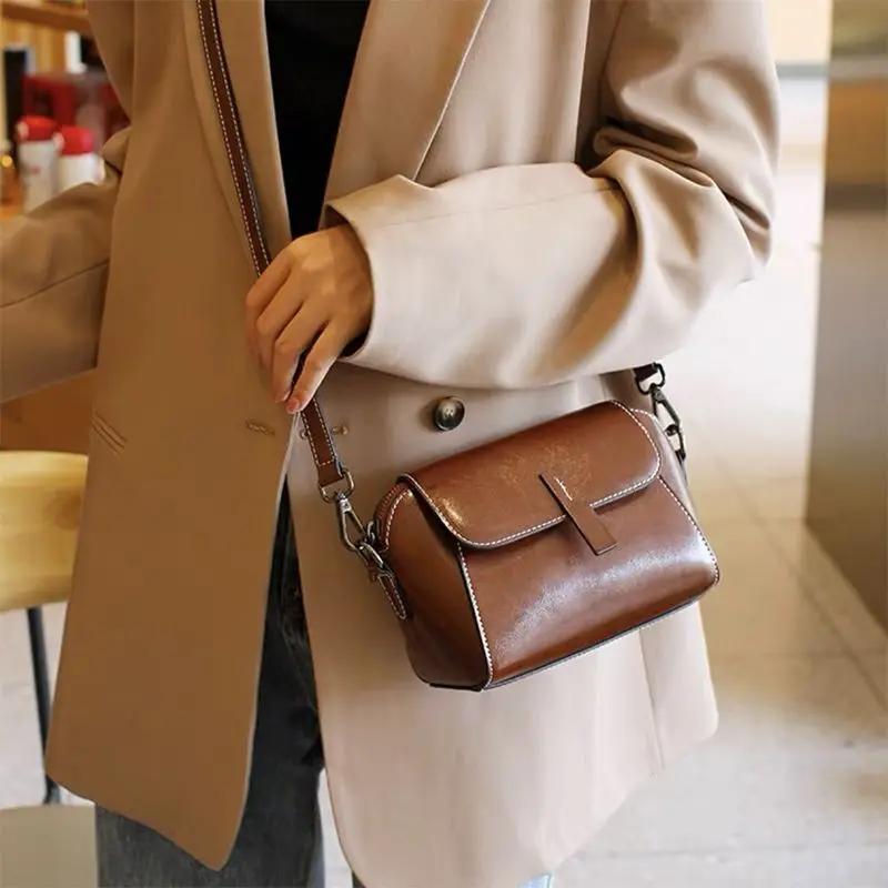 Oil Wax PU Crossbody Shoulder Bag, Designer Shell Flip Handbag, Commuter Work Versatile Women Sling Bag,Lightweight,Black,Coffee