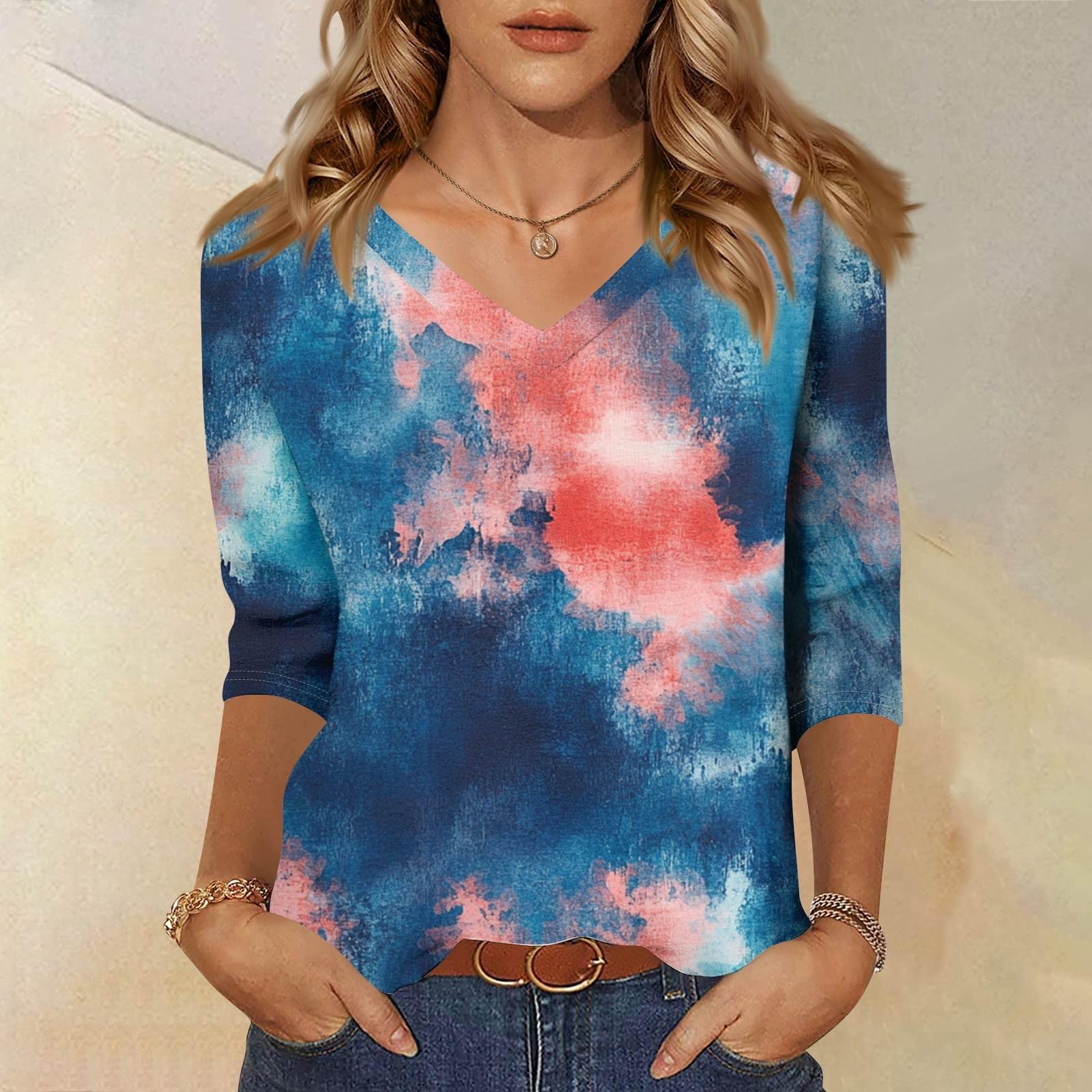 

Женская Мода Повседневный Топ с Рукавом Три Четверти и Принтом Тай-Дай с Круглым Вырезом XL