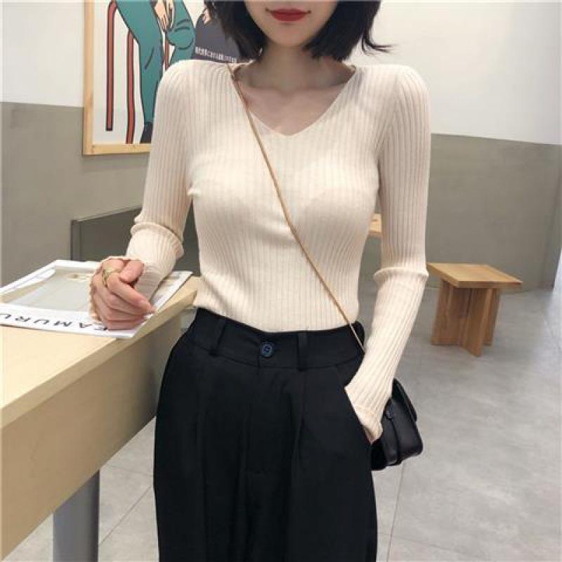 Bottoming Sweater Tees Women Autumn Single-Breasted Long Sleeve V-Neck Knitted Tops Fmale Solid Pullover Tops