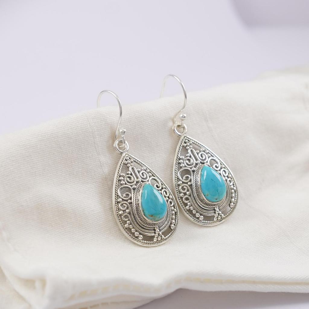 Turquoise Dangle Earrings, Teardrop Kingman Turquoise Handmade Earrings, 925 Sterling Silver Earrings, Birthday Gift