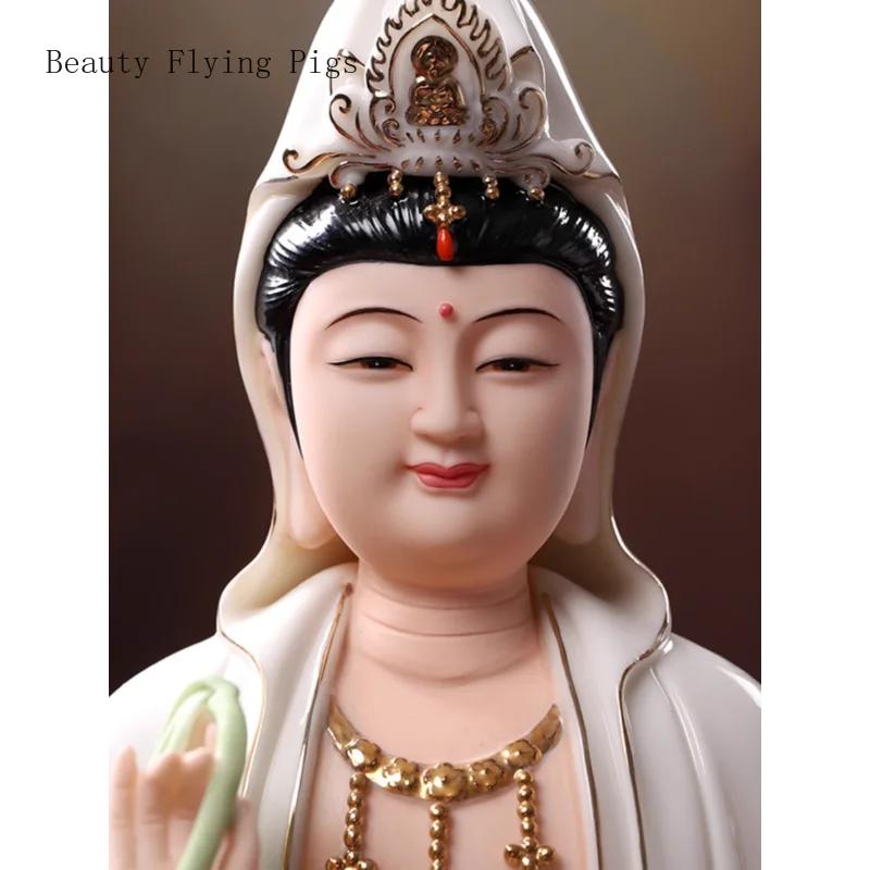 1PCS 12 inch ceramic Guanyin Buddha statue with Feng Shui ornaments for home worship of figures living room decoration