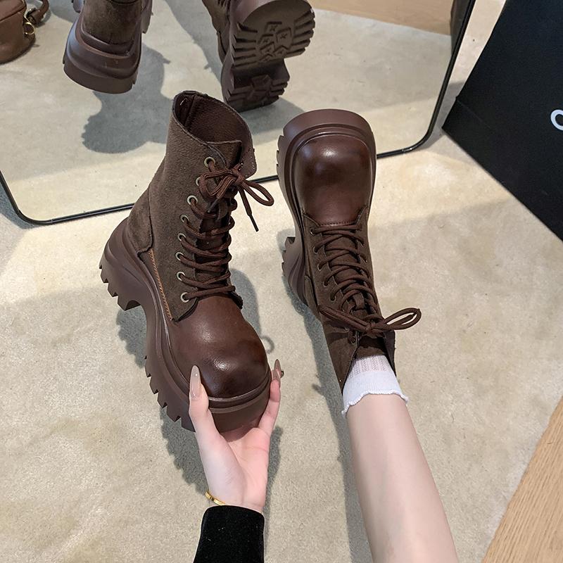 Fashion Aphixta Classical 7cm High Chunky Heel Women's Ankle Boots Cross-tied Leather Women's Autumn Boots Korean Style Platform Boots