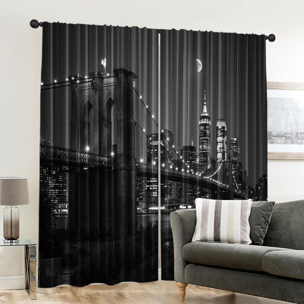 Flat Party Curtain Designer New York City Night View Life Brooklyn Manhattan Fabric Without Curtains Set Of 2 Made Polyester Machine Washable