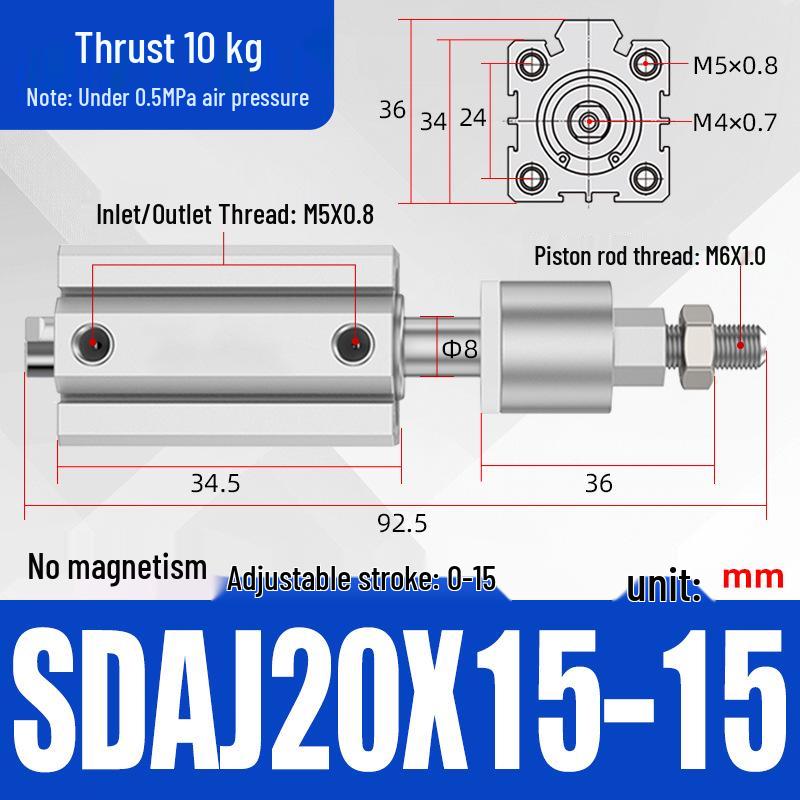 Adjustable Stroke Pneumatic Thin Cylinder - Piston Rod Sizes: 16/20/25/32/40/63