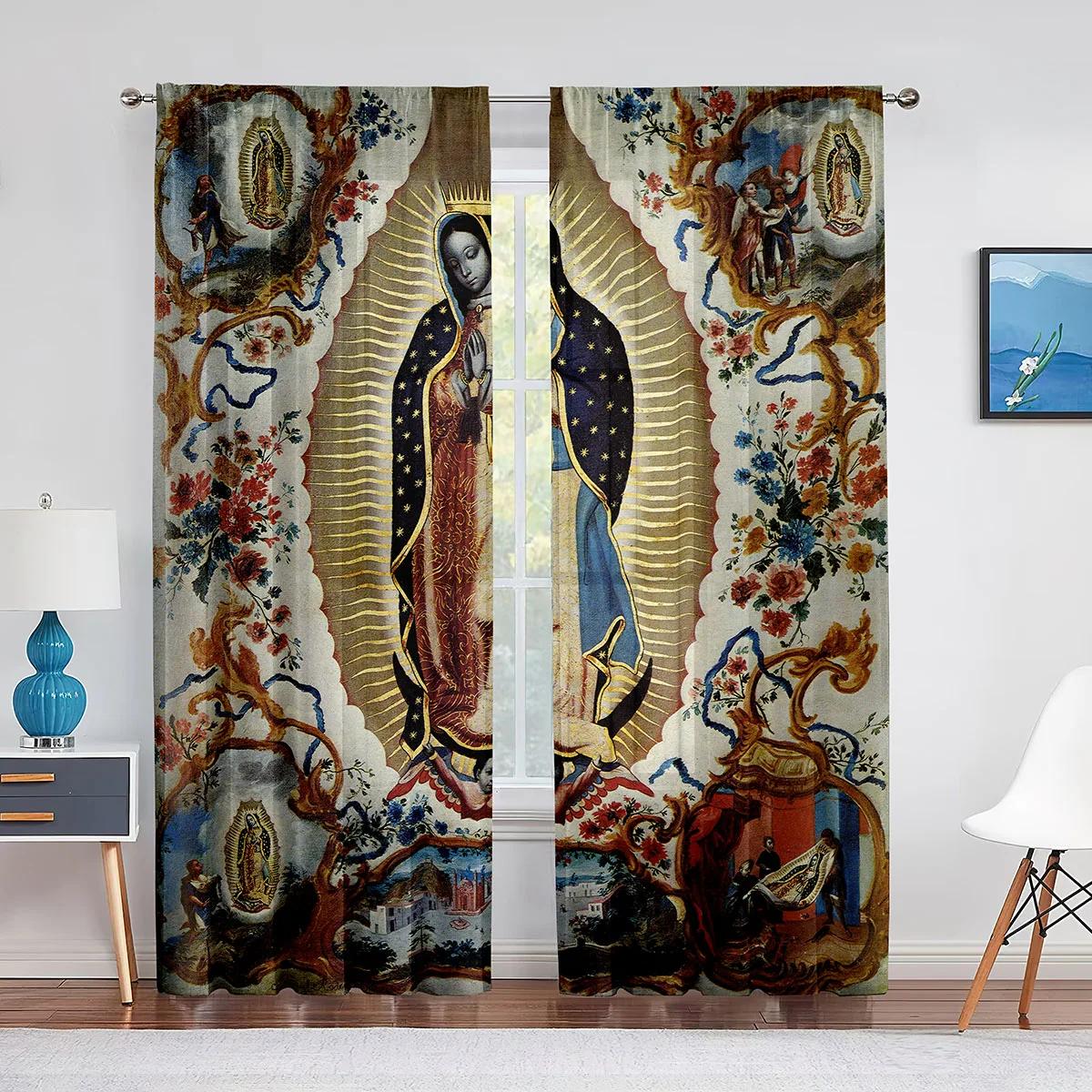 

Lady Guadalupe Mexican Saint Virgin Mary Floral Sheer Curtains ideal for Bed Chamber Living Room Cooking Space Blinds Window Curtains Panel Group (W50H130cm)-2pcs&Hook